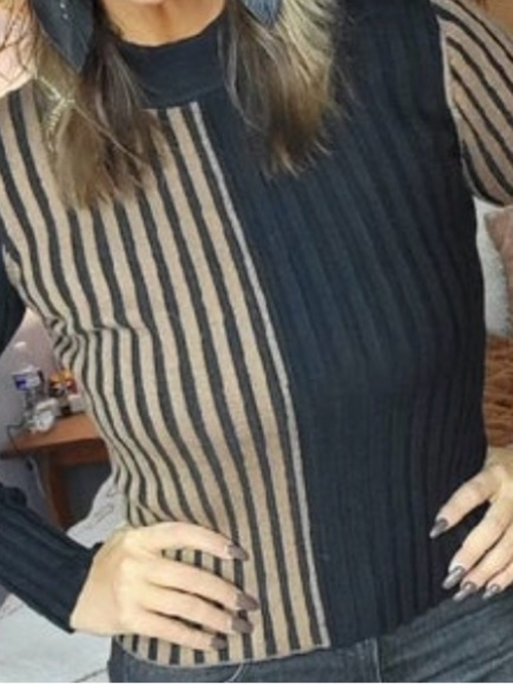 Ces Femme Black & Brown Ribbed Striped Crewneck Sweater